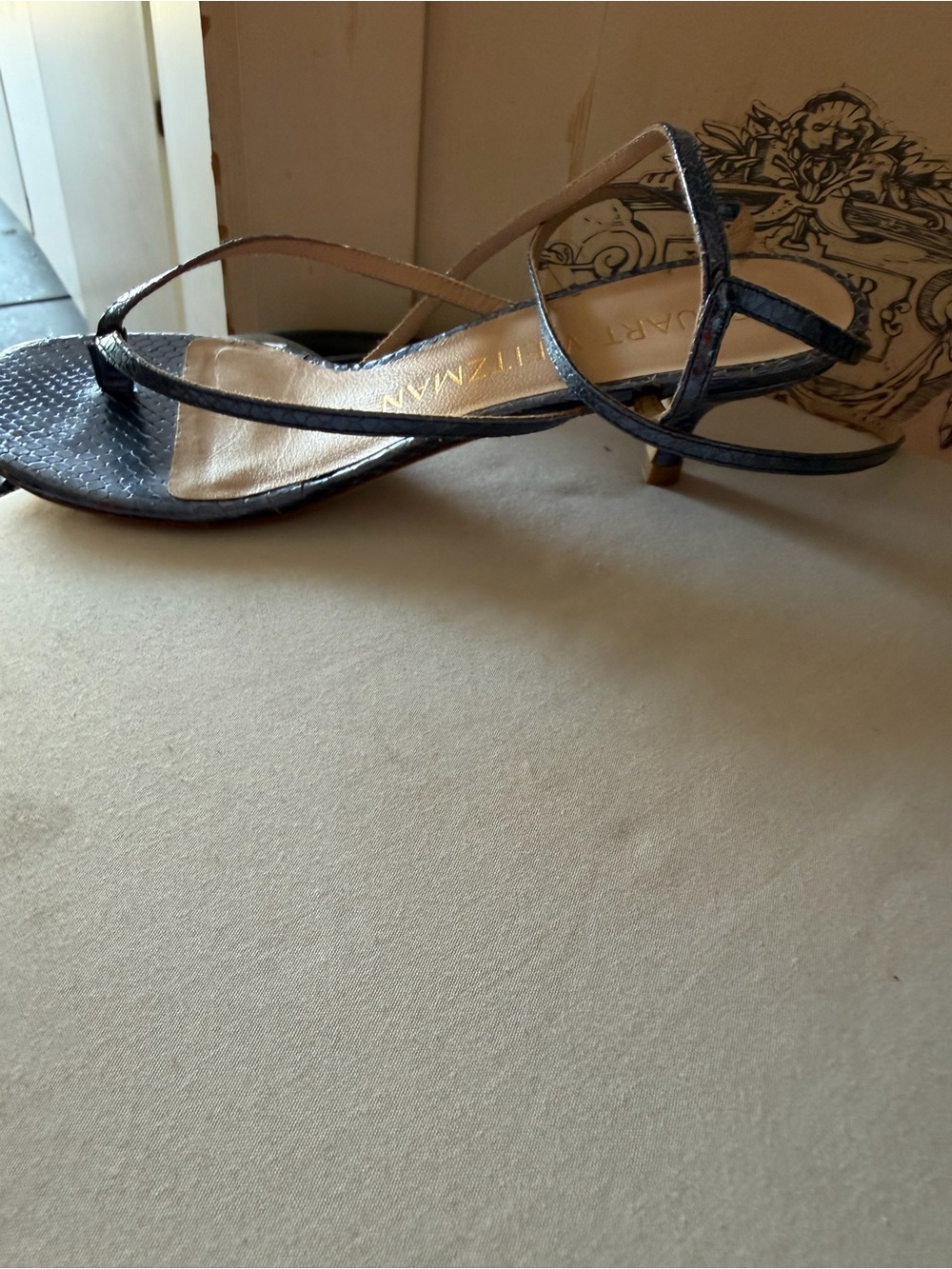 Stuart Weitzman Navy Low Strappy Heel Sandals